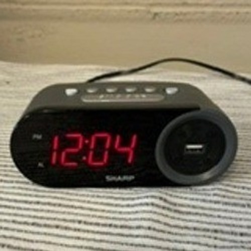 Sharp Digital Alarm Clock Red LED Display USB Charging Port Black Wood SPC102D